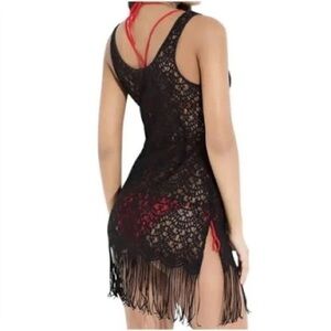 L'Agent by Agent Provocateur Black Fringe Lace Beach CoverUp Dress Large crochet